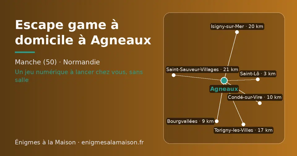 Carte schématique : Agneaux et les communes voisines présentées sur ce site (Saint-Lô, Bourgvallées, Condé-sur-Vire, Torigny-les-Villes, Isigny-sur-Mer, Saint-Sauveur-Villages)