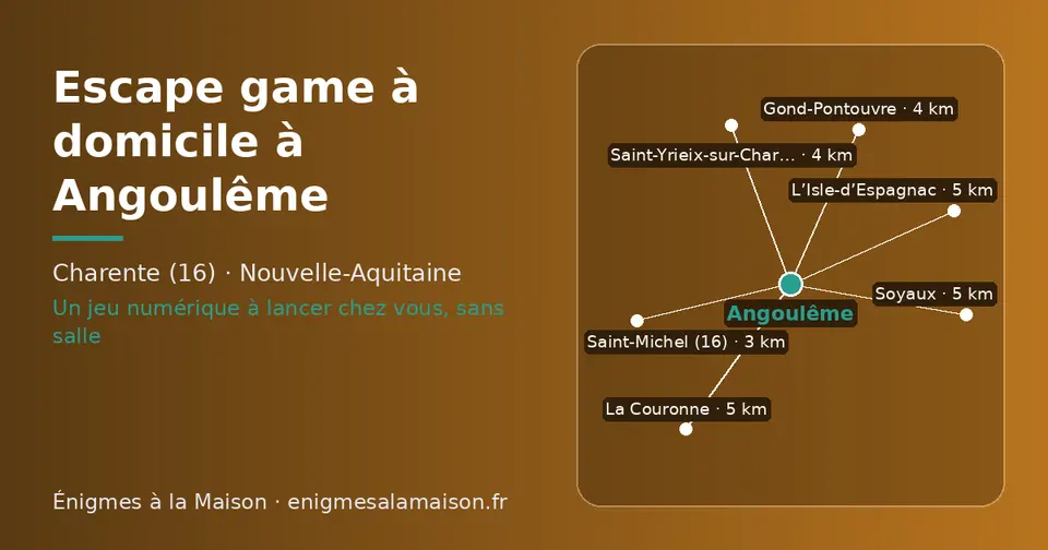 Carte schématique : Angoulême et les communes voisines présentées sur ce site (Saint-Michel (16), Gond-Pontouvre, Saint-Yrieix-sur-Charente, L’Isle-d’Espagnac, Soyaux, La Couronne)