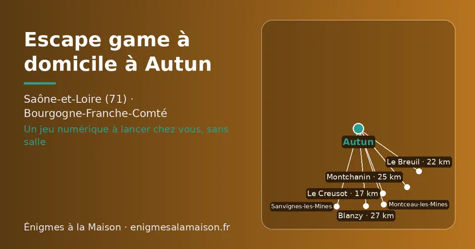 Carte schématique : Autun et les communes voisines présentées sur ce site (Le Creusot, Le Breuil, Montchanin, Blanzy, Montceau-les-Mines, Sanvignes-les-Mines)