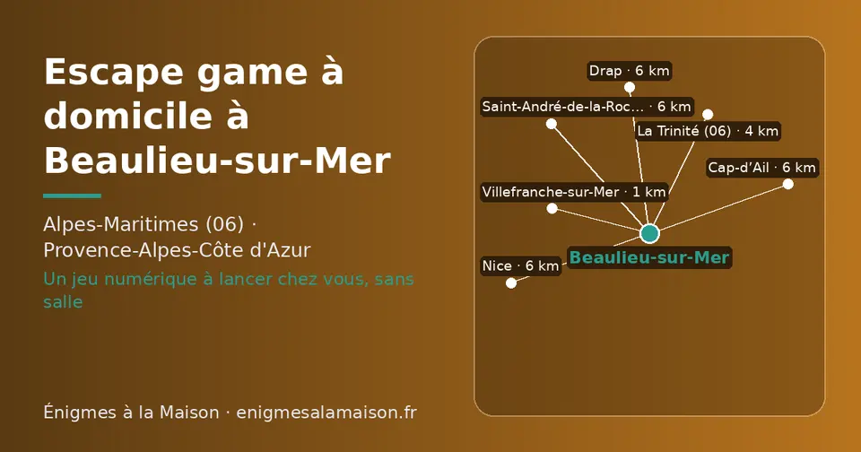 Carte schématique : Beaulieu-sur-Mer et les communes voisines présentées sur ce site (Villefranche-sur-Mer, La Trinité (06), Saint-André-de-la-Roche, Drap, Cap-d’Ail, Nice)