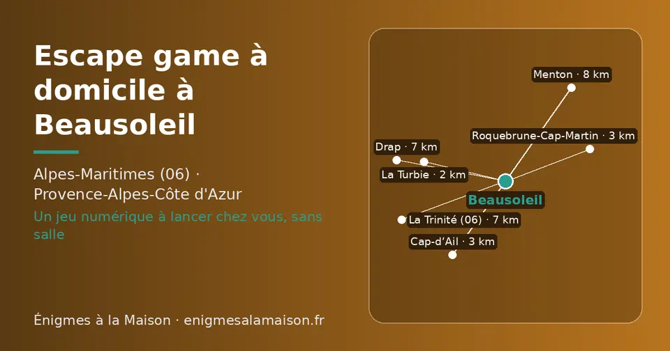 Carte schématique : Beausoleil et les communes voisines présentées sur ce site (La Turbie, Cap-d’Ail, Roquebrune-Cap-Martin, La Trinité (06), Drap, Menton)