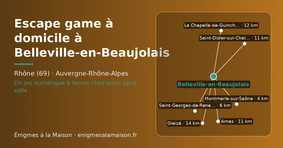 Carte schématique : Belleville-en-Beaujolais et les communes voisines présentées sur ce site (Montmerle-sur-Saône, Saint-Georges-de-Reneins, Arnas, Saint-Didier-sur-Chalaronne, La Chapelle-de-Guinchay, Gleizé)