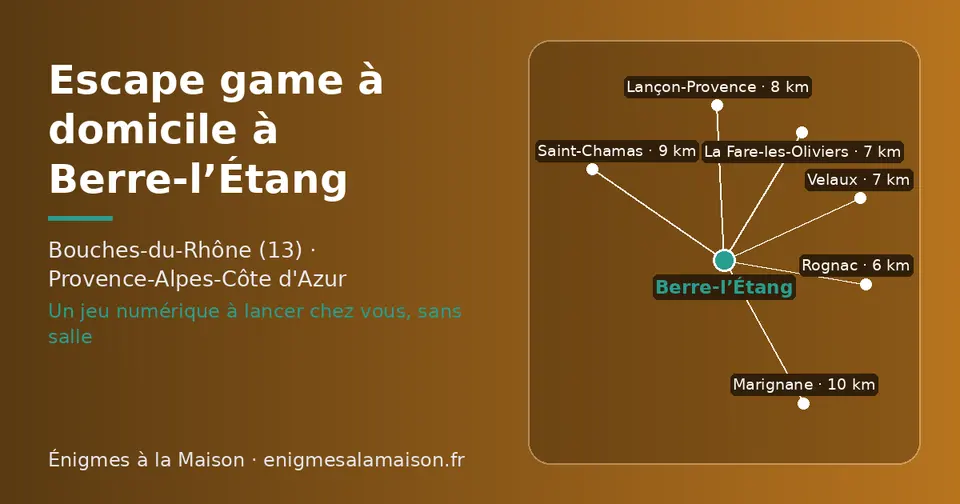 Carte schématique : Berre-l’Étang et les communes voisines présentées sur ce site (Rognac, La Fare-les-Oliviers, Velaux, Lançon-Provence, Saint-Chamas, Marignane)