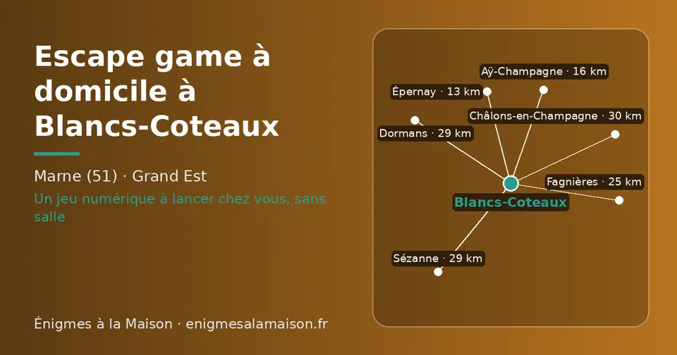 Carte schématique : Blancs-Coteaux et les communes voisines présentées sur ce site (Épernay, Aÿ-Champagne, Fagnières, Dormans, Sézanne, Châlons-en-Champagne)