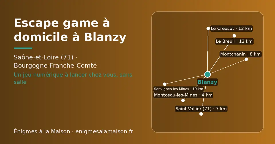 Carte schématique : Blanzy et les communes voisines présentées sur ce site (Montceau-les-Mines, Saint-Vallier (71), Montchanin, Sanvignes-les-Mines, Le Creusot, Le Breuil)