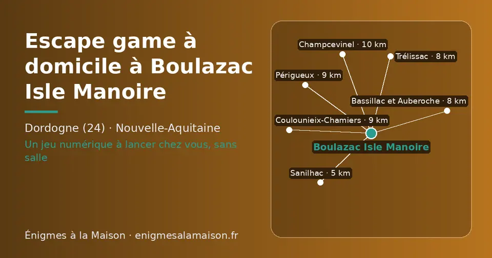 Carte schématique : Boulazac Isle Manoire et les communes voisines présentées sur ce site (Sanilhac, Bassillac et Auberoche, Trélissac, Périgueux, Coulounieix-Chamiers, Champcevinel)