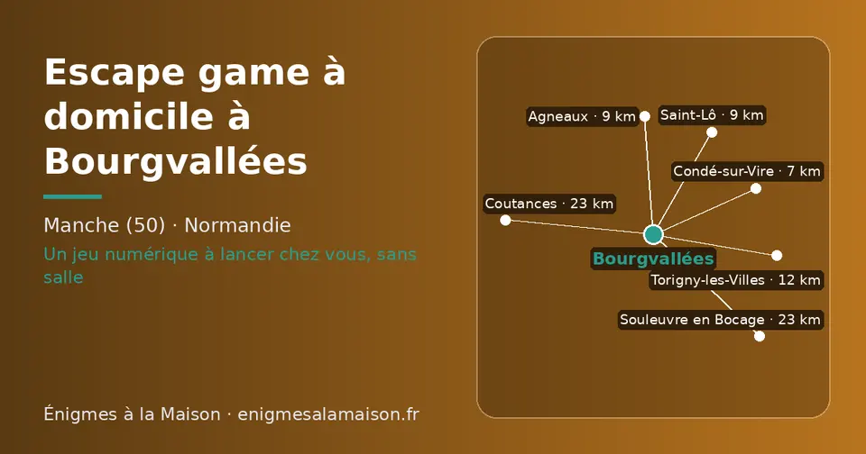 Carte schématique : Bourgvallées et les communes voisines présentées sur ce site (Condé-sur-Vire, Agneaux, Saint-Lô, Torigny-les-Villes, Souleuvre en Bocage, Coutances)