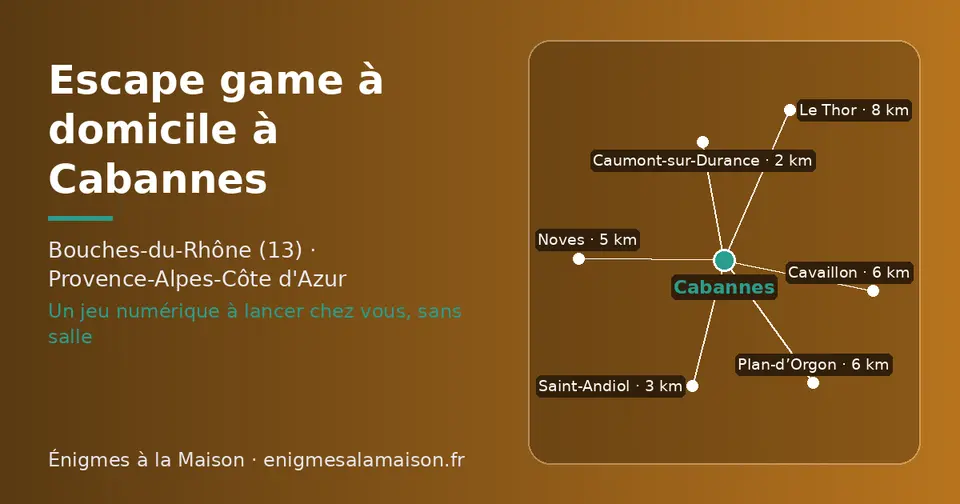 Carte schématique : Cabannes et les communes voisines présentées sur ce site (Caumont-sur-Durance, Saint-Andiol, Noves, Plan-d’Orgon, Cavaillon, Le Thor)