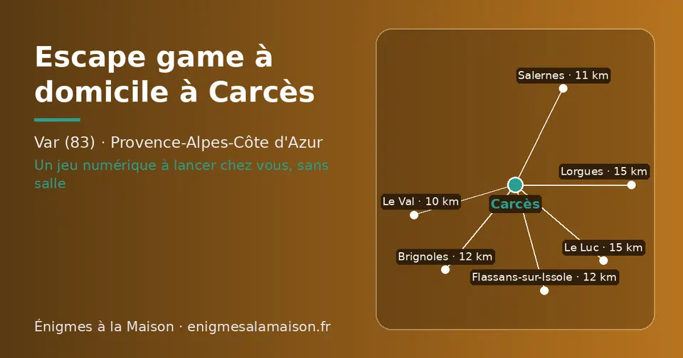 Carte schématique : Carcès et les communes voisines présentées sur ce site (Le Val, Salernes, Flassans-sur-Issole, Brignoles, Le Luc, Lorgues)