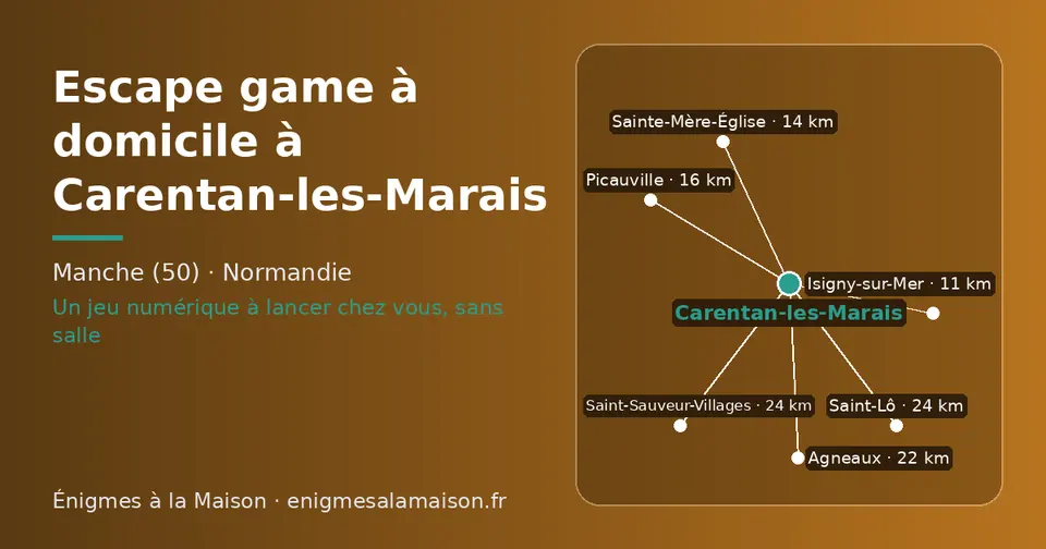 Carte schématique : Carentan-les-Marais et les communes voisines présentées sur ce site (Isigny-sur-Mer, Sainte-Mère-Église, Picauville, Agneaux, Saint-Lô, Saint-Sauveur-Villages)