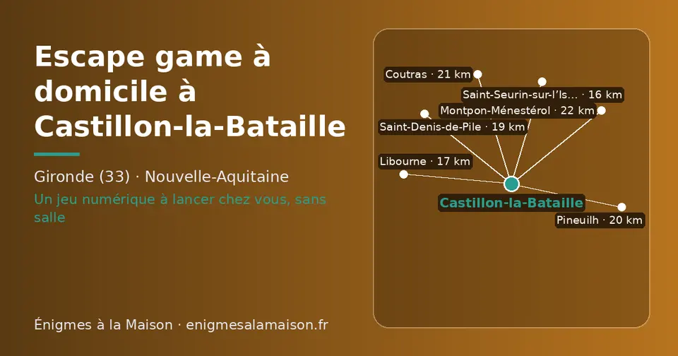 Carte schématique : Castillon-la-Bataille et les communes voisines présentées sur ce site (Saint-Seurin-sur-l’Isle, Libourne, Saint-Denis-de-Pile, Pineuilh, Coutras, Montpon-Ménestérol)