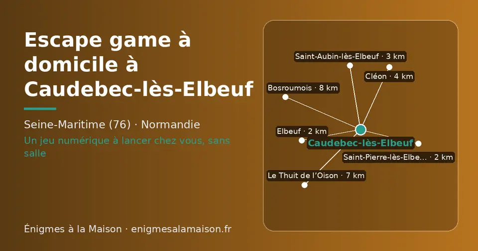Carte schématique : Caudebec-lès-Elbeuf et les communes voisines présentées sur ce site (Elbeuf, Saint-Pierre-lès-Elbeuf, Saint-Aubin-lès-Elbeuf, Cléon, Le Thuit de l’Oison, Bosroumois)