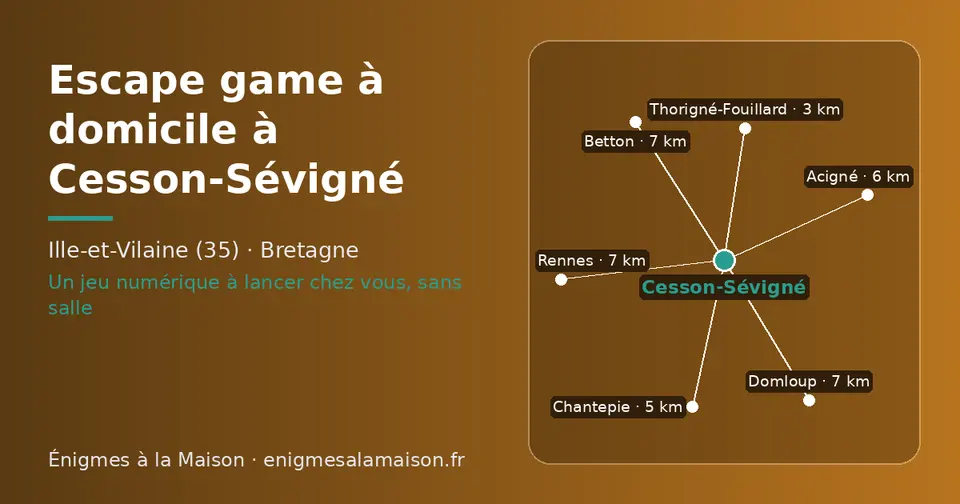 Carte schématique : Cesson-Sévigné et les communes voisines présentées sur ce site (Thorigné-Fouillard, Chantepie, Acigné, Rennes, Domloup, Betton)