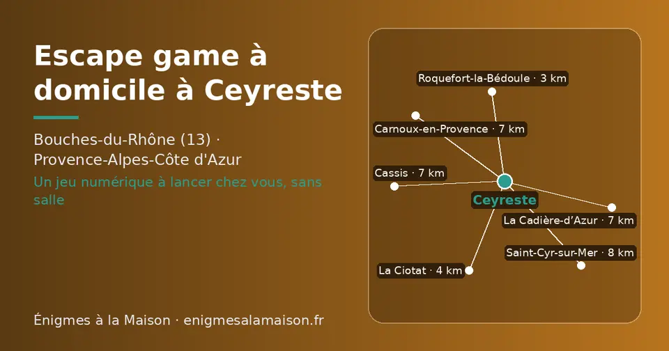 Carte schématique : Ceyreste et les communes voisines présentées sur ce site (Roquefort-la-Bédoule, La Ciotat, Cassis, Carnoux-en-Provence, La Cadière-d’Azur, Saint-Cyr-sur-Mer)