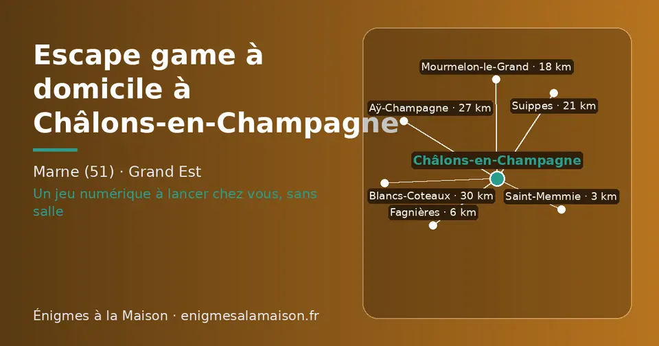 Carte schématique : Châlons-en-Champagne et les communes voisines présentées sur ce site (Saint-Memmie, Fagnières, Mourmelon-le-Grand, Suippes, Aÿ-Champagne, Blancs-Coteaux)