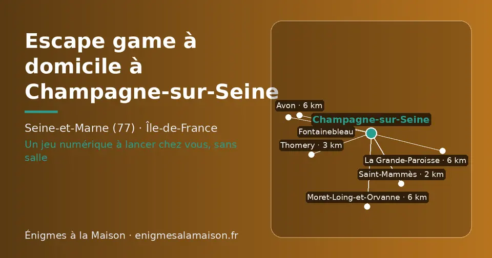 Carte schématique : Champagne-sur-Seine et les communes voisines présentées sur ce site (Saint-Mammès, Thomery, Avon, Moret-Loing-et-Orvanne, La Grande-Paroisse, Fontainebleau)