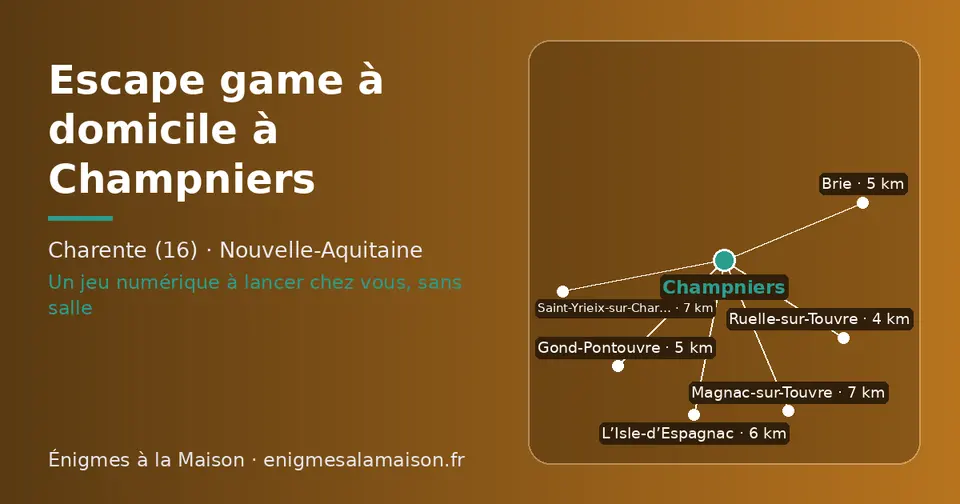 Carte schématique : Champniers et les communes voisines présentées sur ce site (Ruelle-sur-Touvre, Brie, Gond-Pontouvre, L’Isle-d’Espagnac, Magnac-sur-Touvre, Saint-Yrieix-sur-Charente)