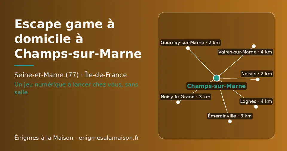 Carte schématique : Champs-sur-Marne et les communes voisines présentées sur ce site (Noisiel, Gournay-sur-Marne, Noisy-le-Grand, Émerainville, Lognes, Vaires-sur-Marne)
