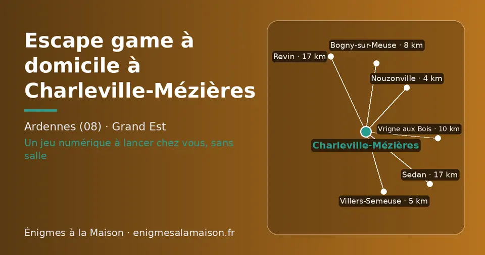Carte schématique : Charleville-Mézières et les communes voisines présentées sur ce site (Nouzonville, Villers-Semeuse, Bogny-sur-Meuse, Vrigne aux Bois, Sedan, Revin)