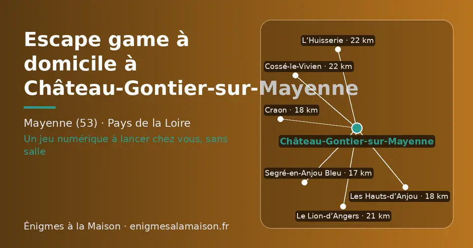 Carte schématique : Château-Gontier-sur-Mayenne et les communes voisines présentées sur ce site (Segré-en-Anjou Bleu, Les Hauts-d’Anjou, Craon, Le Lion-d’Angers, Cossé-le-Vivien, L’Huisserie)