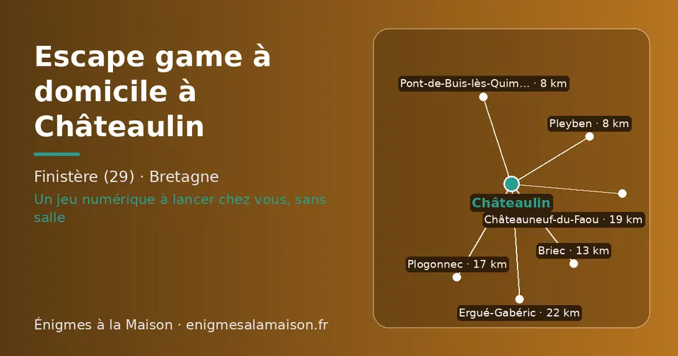 Carte schématique : Châteaulin et les communes voisines présentées sur ce site (Pont-de-Buis-lès-Quimerch, Pleyben, Briec, Plogonnec, Châteauneuf-du-Faou, Ergué-Gabéric)