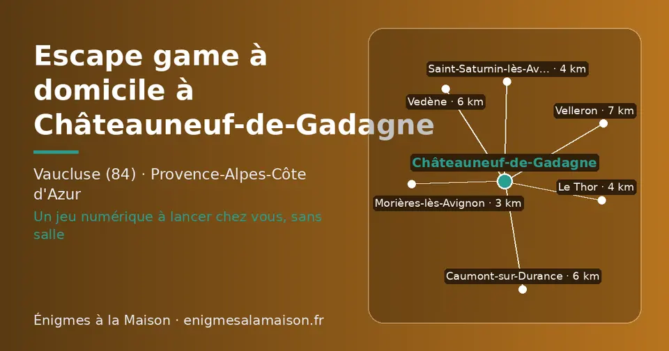Carte schématique : Châteauneuf-de-Gadagne et les communes voisines présentées sur ce site (Morières-lès-Avignon, Saint-Saturnin-lès-Avignon, Le Thor, Caumont-sur-Durance, Vedène, Velleron)
