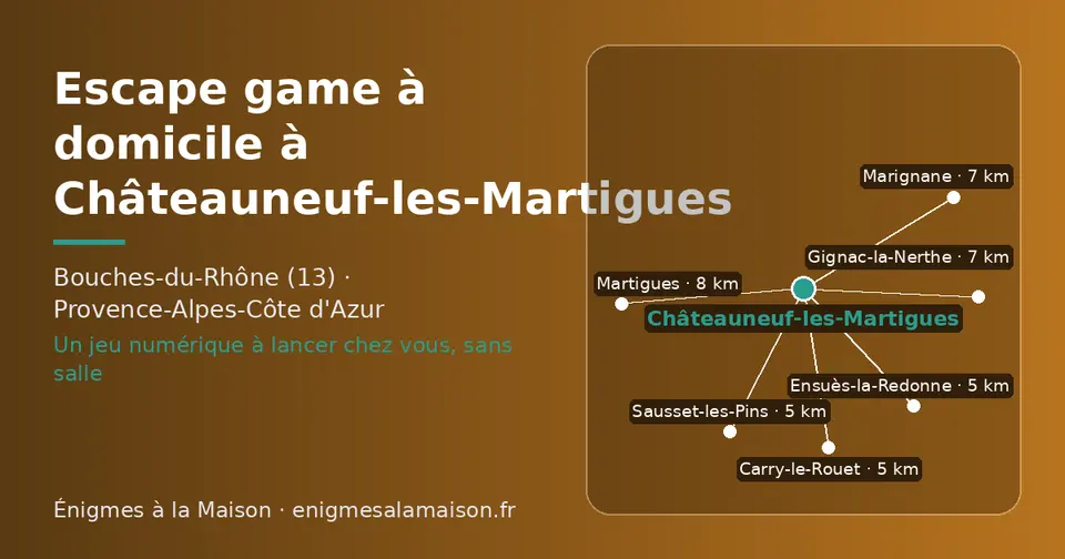 Carte schématique : Châteauneuf-les-Martigues et les communes voisines présentées sur ce site (Carry-le-Rouet, Ensuès-la-Redonne, Sausset-les-Pins, Marignane, Gignac-la-Nerthe, Martigues)