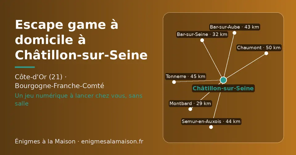 Carte schématique : Châtillon-sur-Seine et les communes voisines présentées sur ce site (Montbard, Bar-sur-Seine, Bar-sur-Aube, Semur-en-Auxois, Tonnerre, Chaumont)