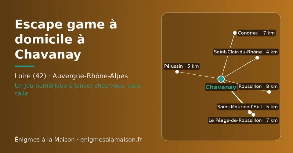 Carte schématique : Chavanay et les communes voisines présentées sur ce site (Saint-Clair-du-Rhône, Saint-Maurice-l’Exil, Pélussin, Le Péage-de-Roussillon, Condrieu, Roussillon)
