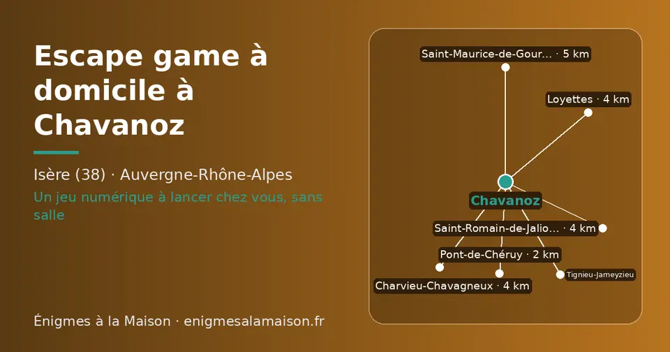 Carte schématique : Chavanoz et les communes voisines présentées sur ce site (Pont-de-Chéruy, Charvieu-Chavagneux, Tignieu-Jameyzieu, Saint-Romain-de-Jalionas, Loyettes, Saint-Maurice-de-Gourdans)