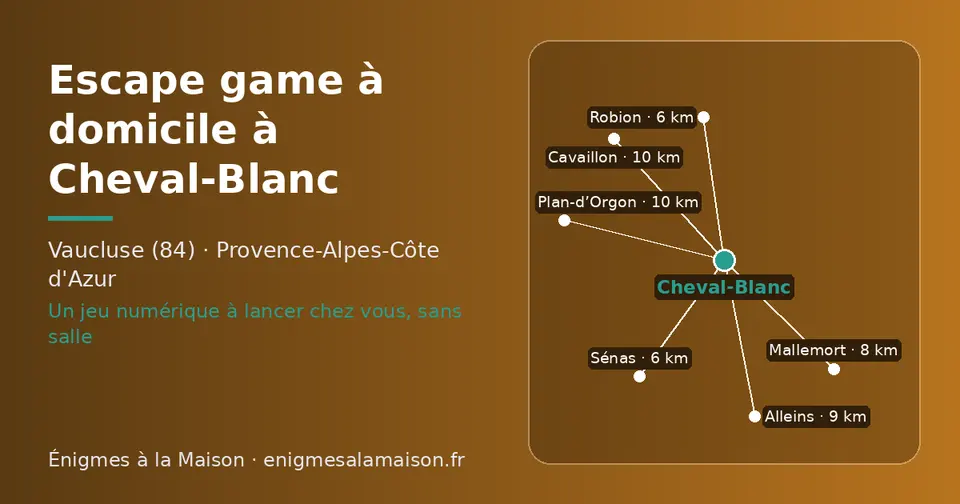 Carte schématique : Cheval-Blanc et les communes voisines présentées sur ce site (Robion, Sénas, Mallemort, Alleins, Cavaillon, Plan-d’Orgon)