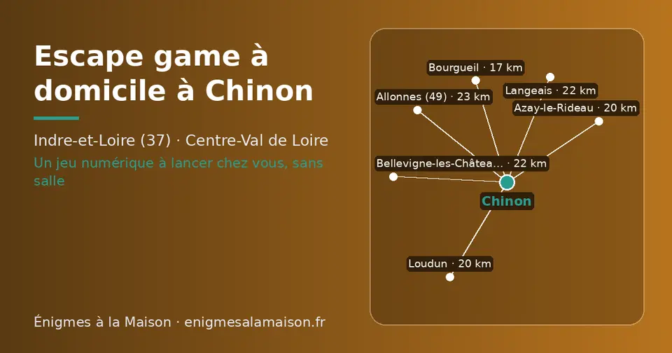 Carte schématique : Chinon et les communes voisines présentées sur ce site (Bourgueil, Azay-le-Rideau, Loudun, Bellevigne-les-Châteaux, Langeais, Allonnes (49))