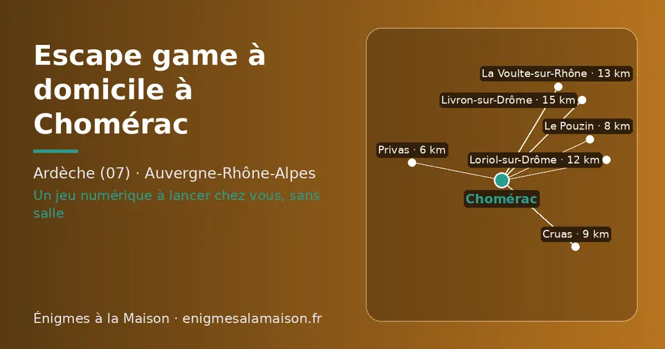 Carte schématique : Chomérac et les communes voisines présentées sur ce site (Privas, Le Pouzin, Cruas, Loriol-sur-Drôme, La Voulte-sur-Rhône, Livron-sur-Drôme)