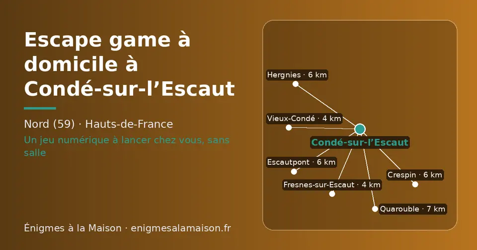 Carte schématique : Condé-sur-l’Escaut et les communes voisines présentées sur ce site (Vieux-Condé, Fresnes-sur-Escaut, Crespin, Hergnies, Escautpont, Quarouble)