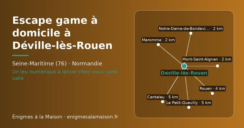 Carte schématique : Déville-lès-Rouen et les communes voisines présentées sur ce site (Maromme, Mont-Saint-Aignan, Notre-Dame-de-Bondeville, Rouen, Canteleu, Le Petit-Quevilly)