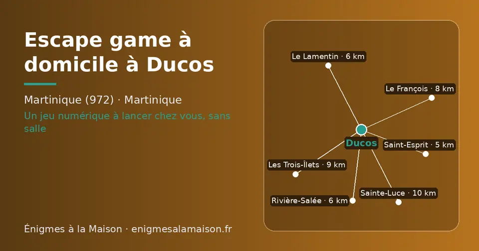 Carte schématique : Ducos et les communes voisines présentées sur ce site (Saint-Esprit, Le Lamentin, Rivière-Salée, Le François, Les Trois-Îlets, Sainte-Luce)