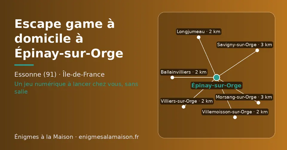 Carte schématique : Épinay-sur-Orge et les communes voisines présentées sur ce site (Villemoisson-sur-Orge, Villiers-sur-Orge, Ballainvilliers, Longjumeau, Savigny-sur-Orge, Morsang-sur-Orge)