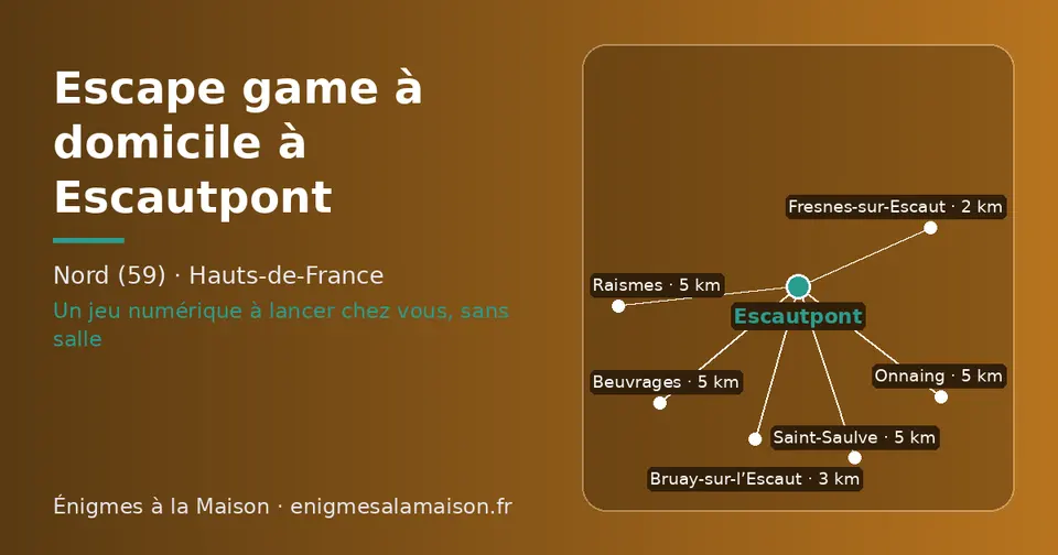 Carte schématique : Escautpont et les communes voisines présentées sur ce site (Fresnes-sur-Escaut, Bruay-sur-l’Escaut, Raismes, Saint-Saulve, Beuvrages, Onnaing)