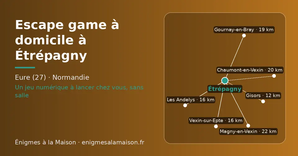 Carte schématique : Étrépagny et les communes voisines présentées sur ce site (Gisors, Vexin-sur-Epte, Les Andelys, Gournay-en-Bray, Chaumont-en-Vexin, Magny-en-Vexin)