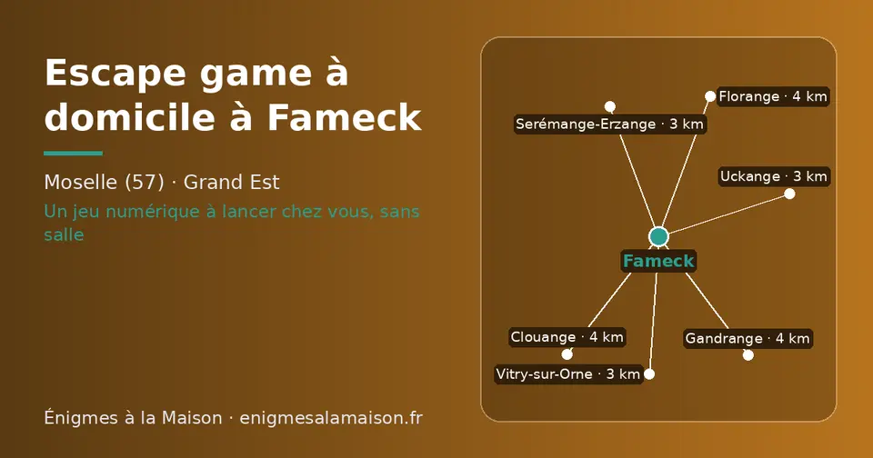 Carte schématique : Fameck et les communes voisines présentées sur ce site (Vitry-sur-Orne, Serémange-Erzange, Uckange, Gandrange, Florange, Clouange)