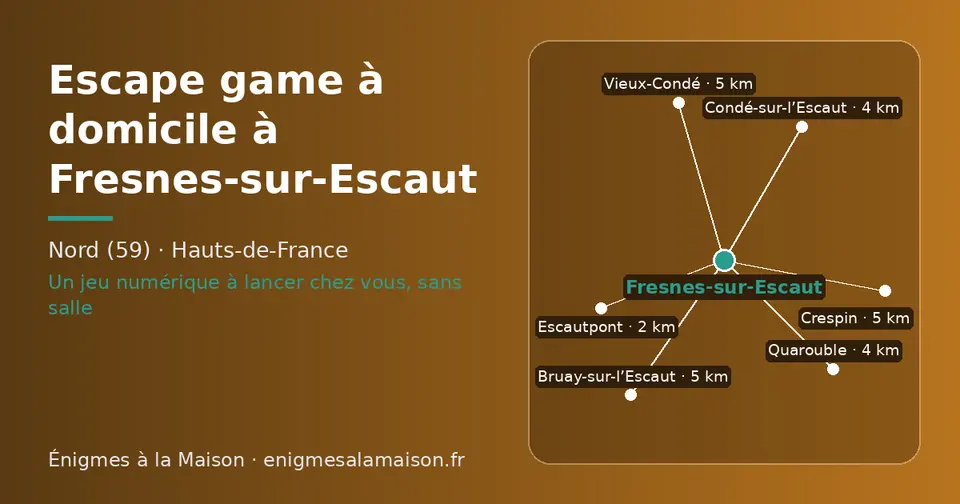 Carte schématique : Fresnes-sur-Escaut et les communes voisines présentées sur ce site (Escautpont, Condé-sur-l’Escaut, Quarouble, Vieux-Condé, Bruay-sur-l’Escaut, Crespin)
