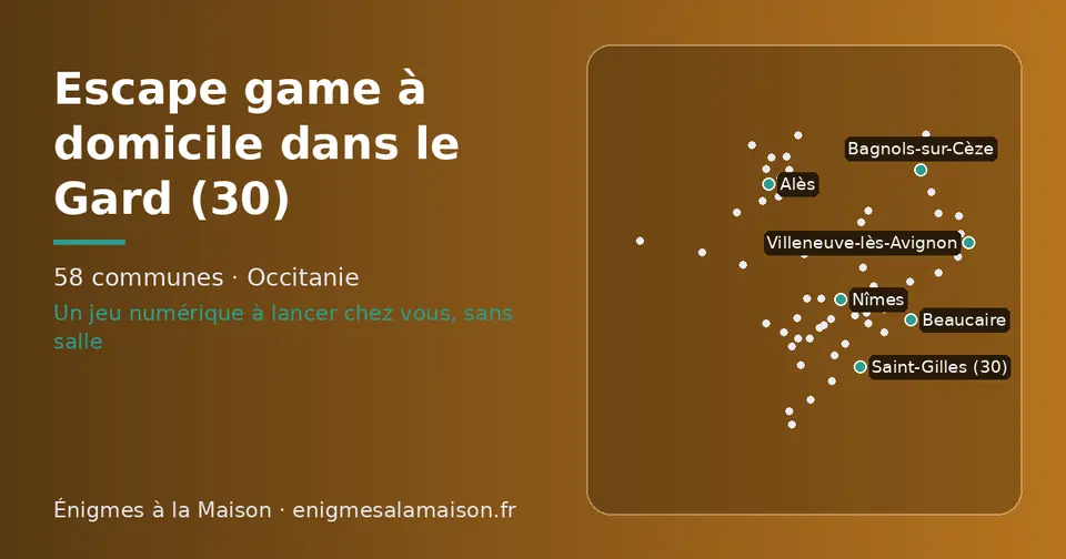 Carte schématique des 58 communes du Gard présentées sur ce site