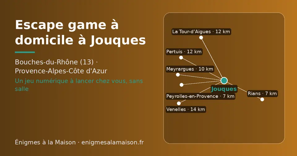 Carte schématique : Jouques et les communes voisines présentées sur ce site (Rians, Peyrolles-en-Provence, Meyrargues, La Tour-d’Aigues, Pertuis, Venelles)