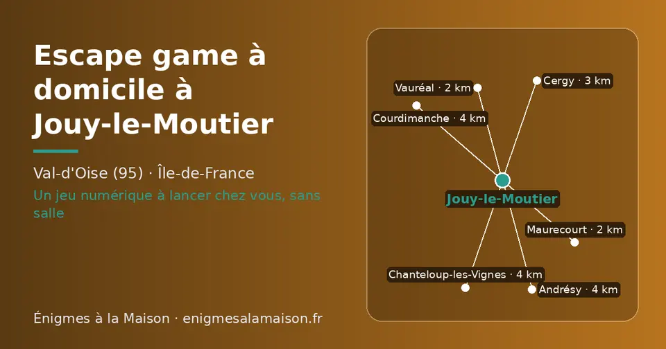 Carte schématique : Jouy-le-Moutier et les communes voisines présentées sur ce site (Maurecourt, Vauréal, Cergy, Chanteloup-les-Vignes, Andrésy, Courdimanche)