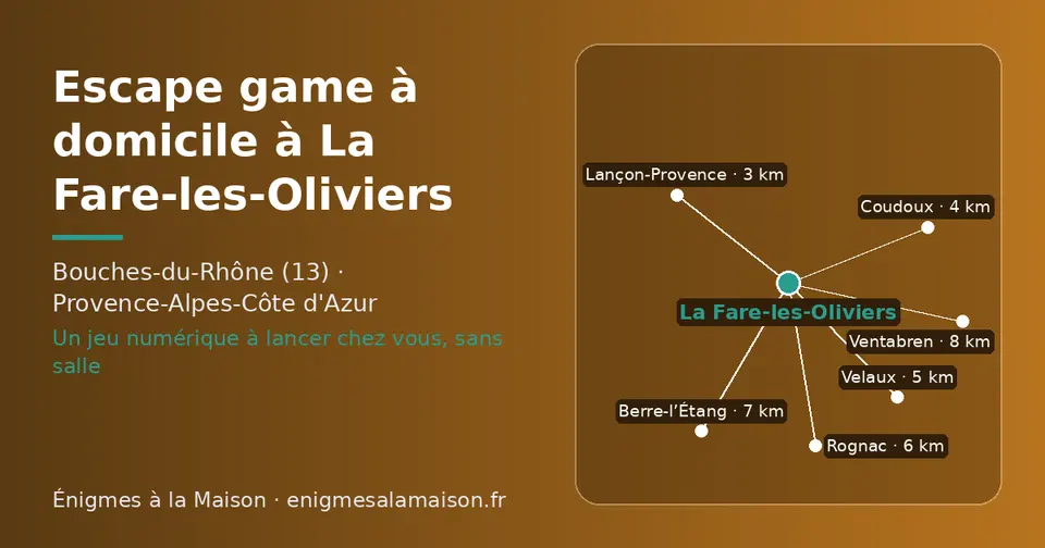 Carte schématique : La Fare-les-Oliviers et les communes voisines présentées sur ce site (Lançon-Provence, Coudoux, Velaux, Rognac, Berre-l’Étang, Ventabren)