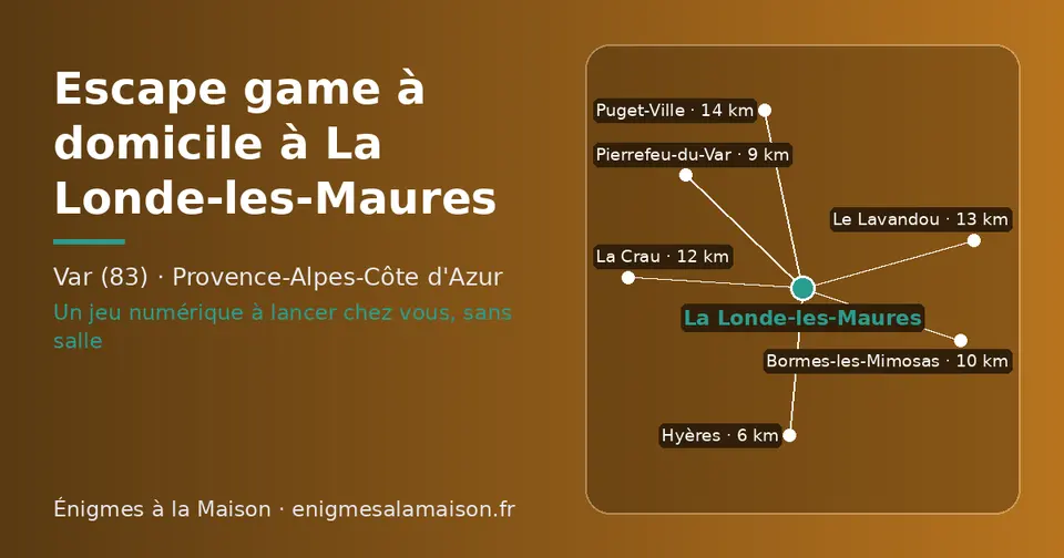 Carte schématique : La Londe-les-Maures et les communes voisines présentées sur ce site (Hyères, Pierrefeu-du-Var, Bormes-les-Mimosas, La Crau, Le Lavandou, Puget-Ville)