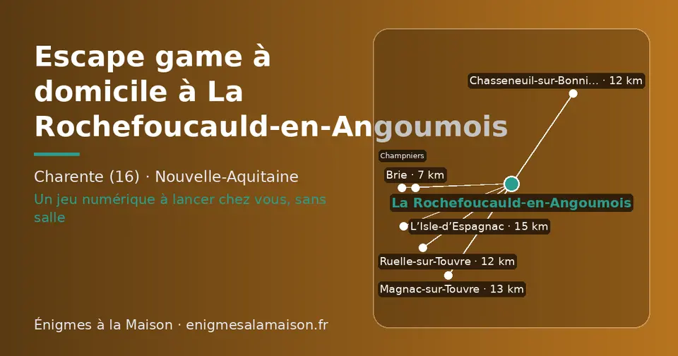 Carte schématique : La Rochefoucauld-en-Angoumois et les communes voisines présentées sur ce site (Brie, Ruelle-sur-Touvre, Chasseneuil-sur-Bonnieure, Champniers, Magnac-sur-Touvre, L’Isle-d’Espagnac)