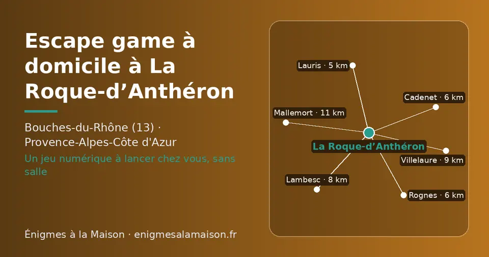 Carte schématique : La Roque-d’Anthéron et les communes voisines présentées sur ce site (Lauris, Cadenet, Rognes, Lambesc, Villelaure, Mallemort)
