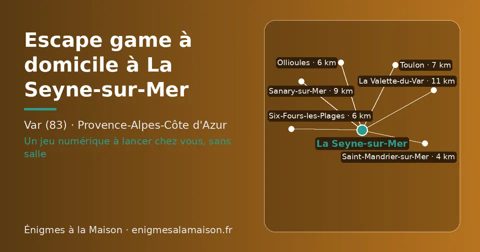Carte schématique : La Seyne-sur-Mer et les communes voisines présentées sur ce site (Saint-Mandrier-sur-Mer, Six-Fours-les-Plages, Ollioules, Toulon, Sanary-sur-Mer, La Valette-du-Var)