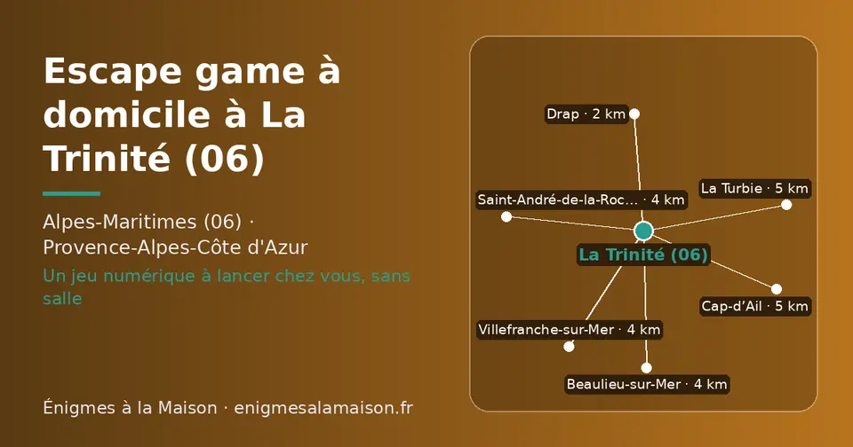 Carte schématique : La Trinité (06) et les communes voisines présentées sur ce site (Drap, Beaulieu-sur-Mer, Villefranche-sur-Mer, Saint-André-de-la-Roche, La Turbie, Cap-d’Ail)